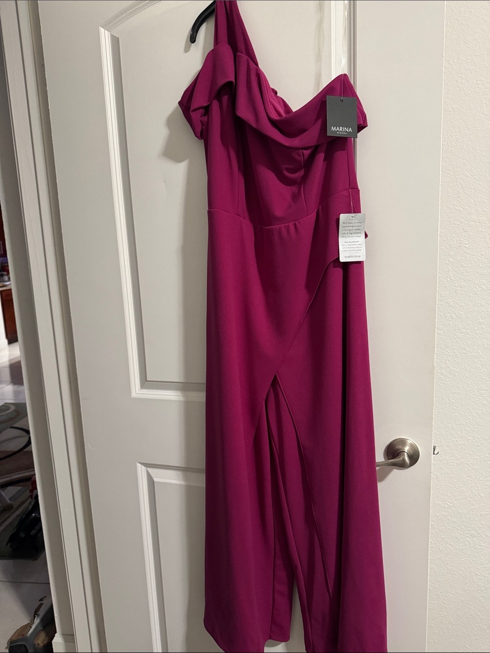 MARINA One-Shoulder Magenta jumpsuit with Front cross cross over the pants